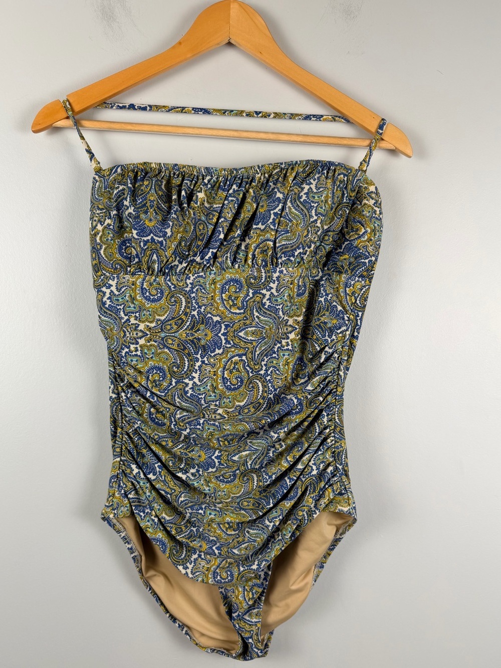 J. Crew Blue gold Ruched One Piece Swimsuit Size 8 Paisley halter